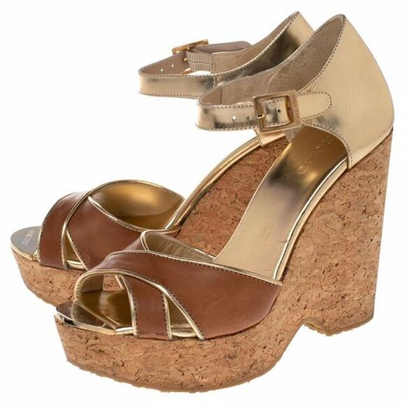 Jimmy Choo Brown/Metallic Gold Leather Pape Mirrored Cork Wedge Sandals Size 7 - Picture 3 of 16